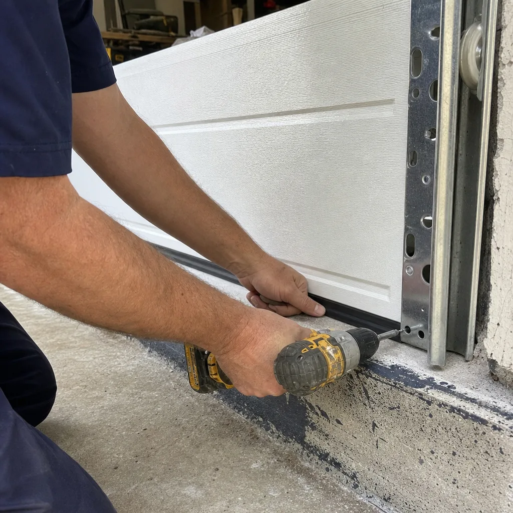 Technician using a power drill for professional garage door installation