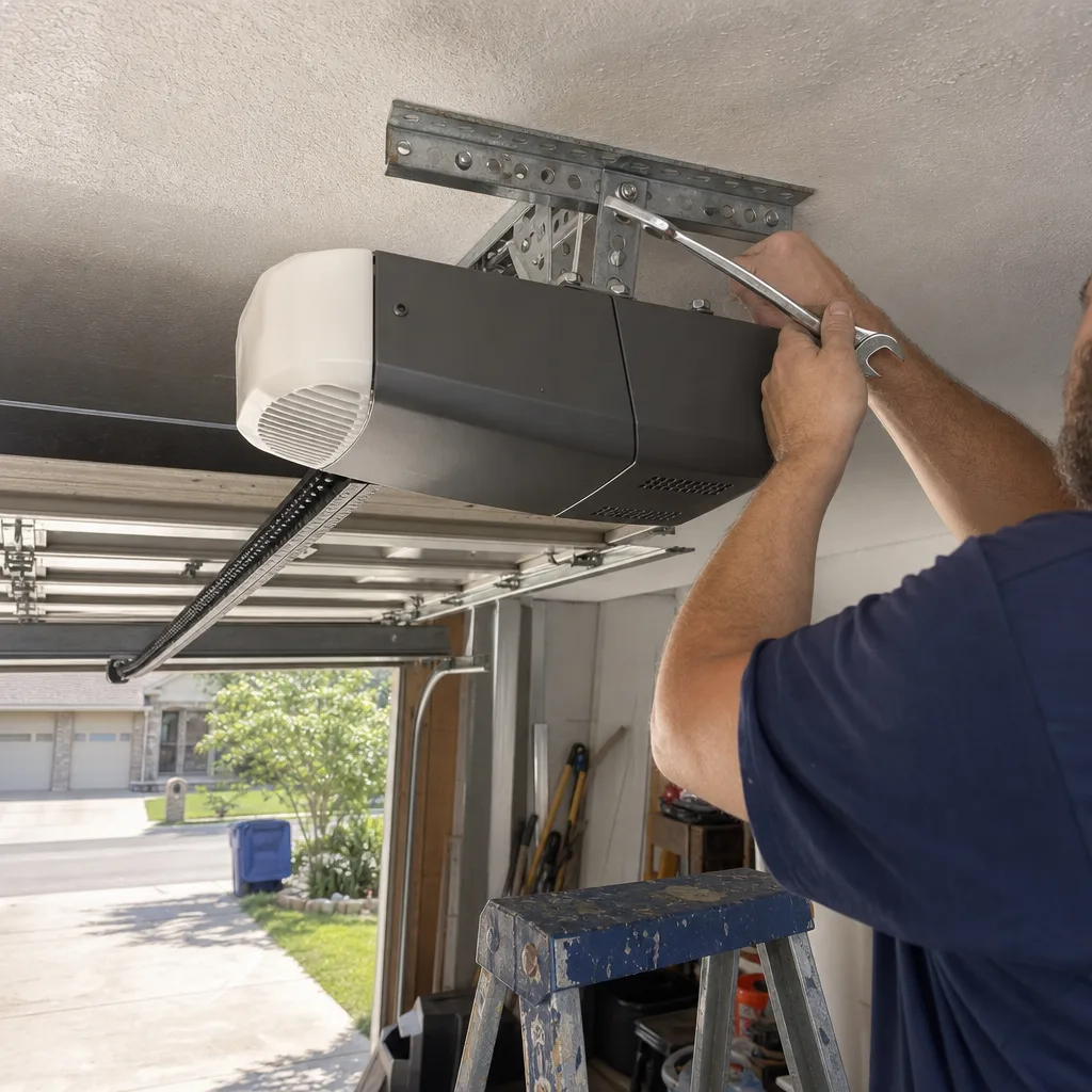 Technician performing professional garage door opener installation and repair