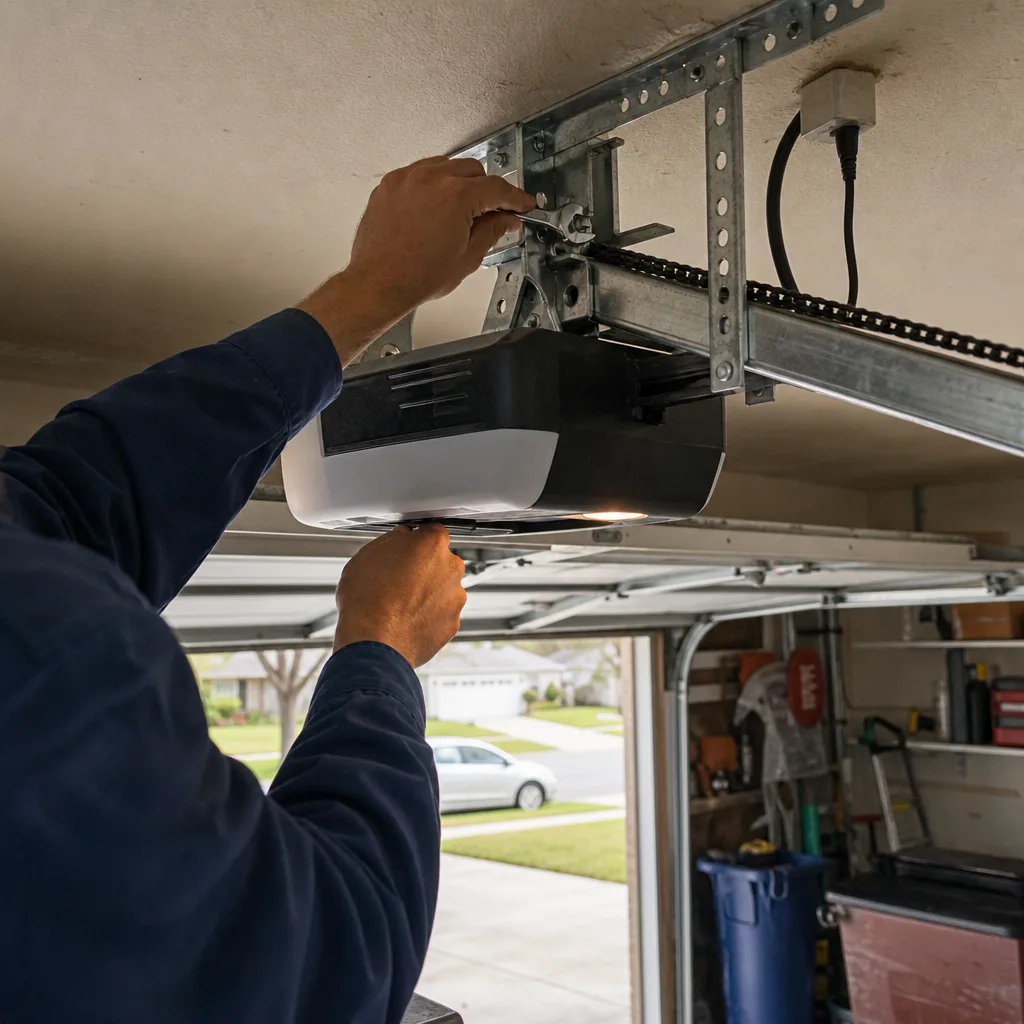 Technician performing garage door opener repair and installation