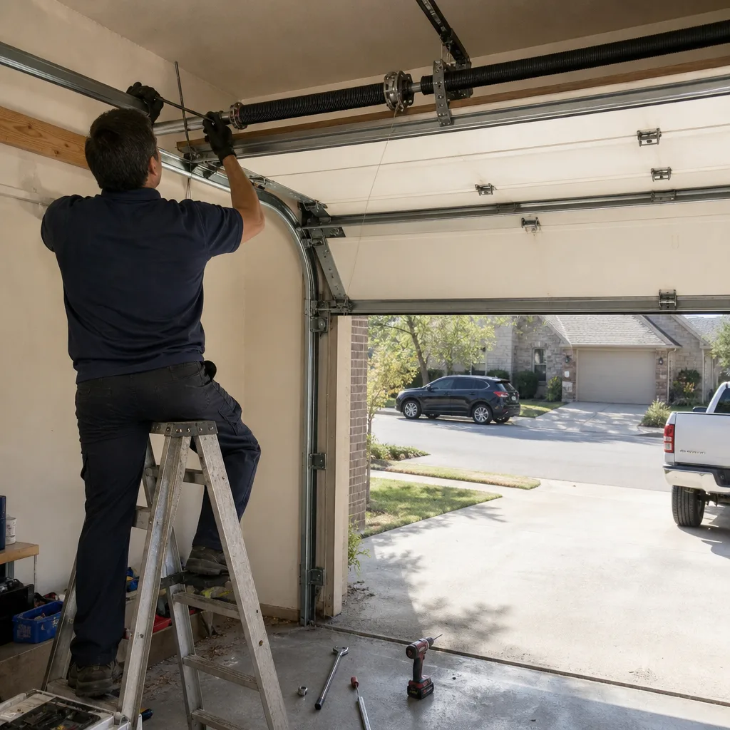 Professional technician performing garage door spring repair services