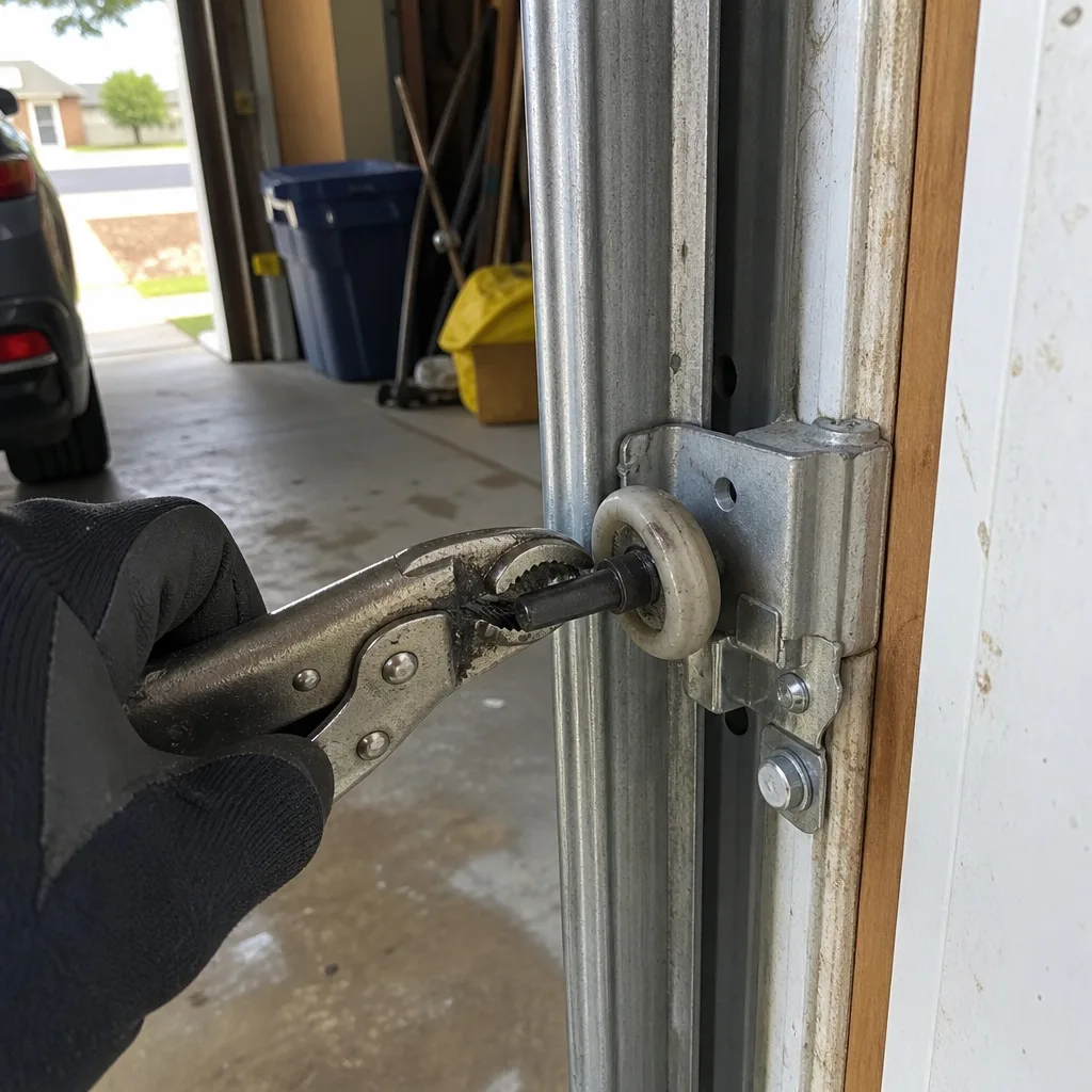 Technician using pliers to perform professional garage door roller repair.