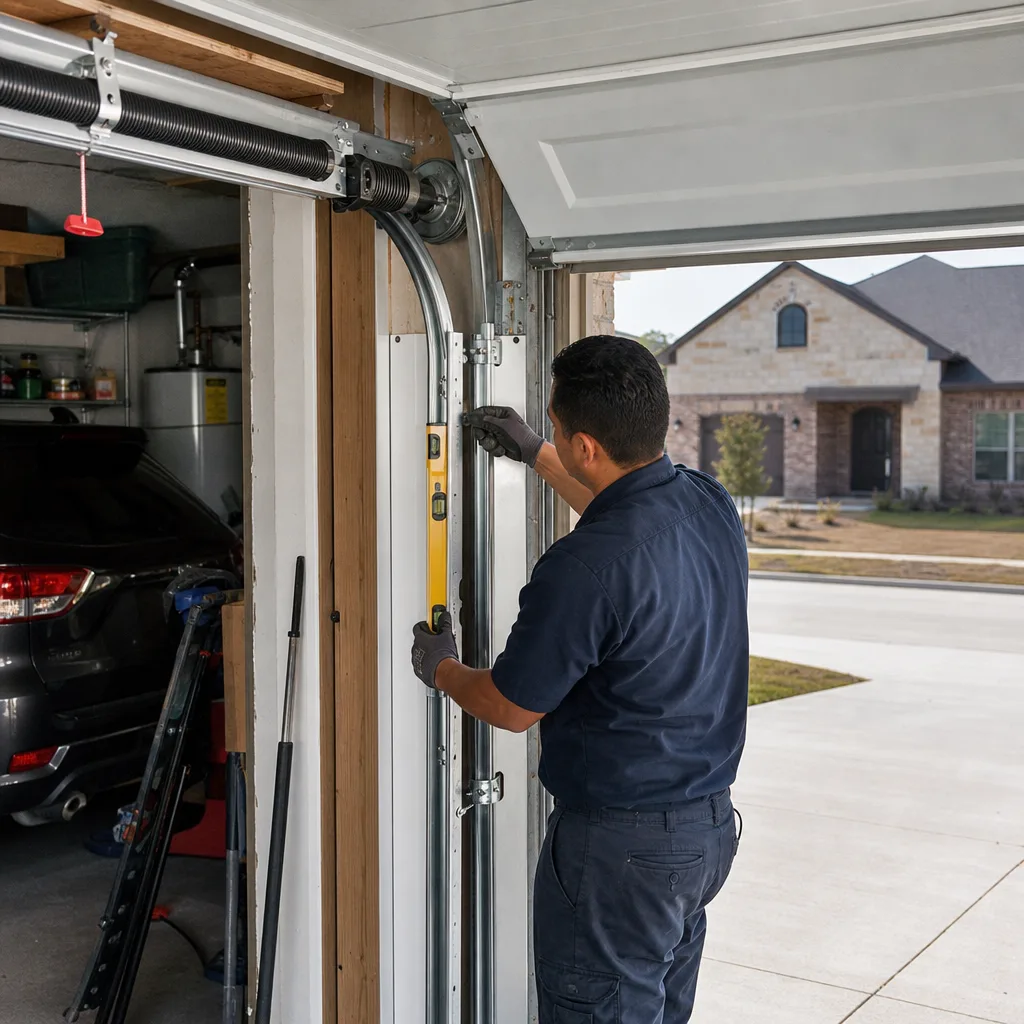 Technician using a level for professional garage door track installation