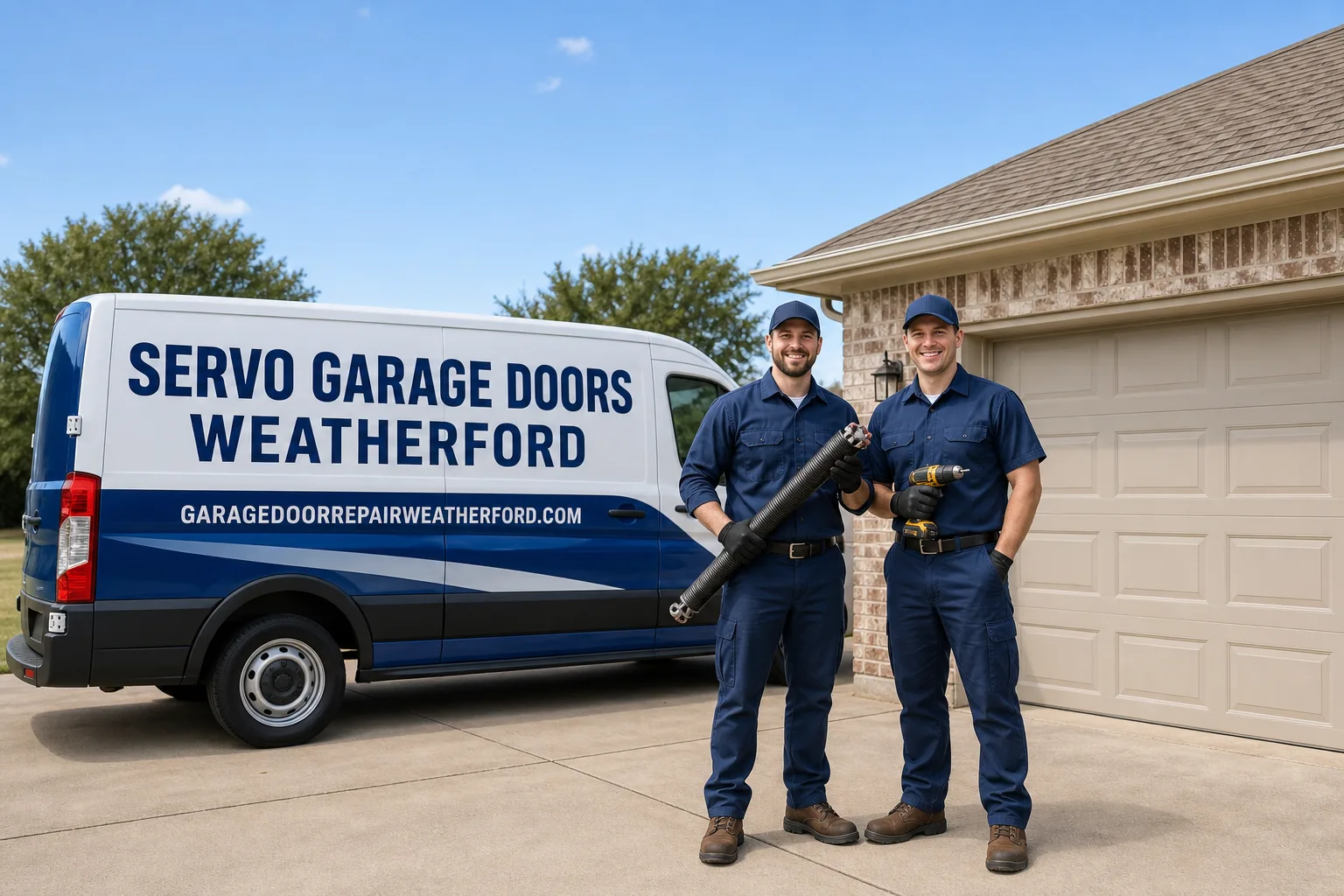 Servo Garage Doors Weatherford garage door service vehicle and crew in Weatherford, TX